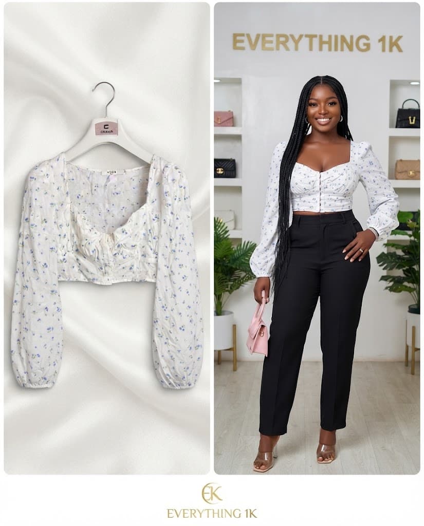 Party White Blue Floral Long-Sleeve Crop Top