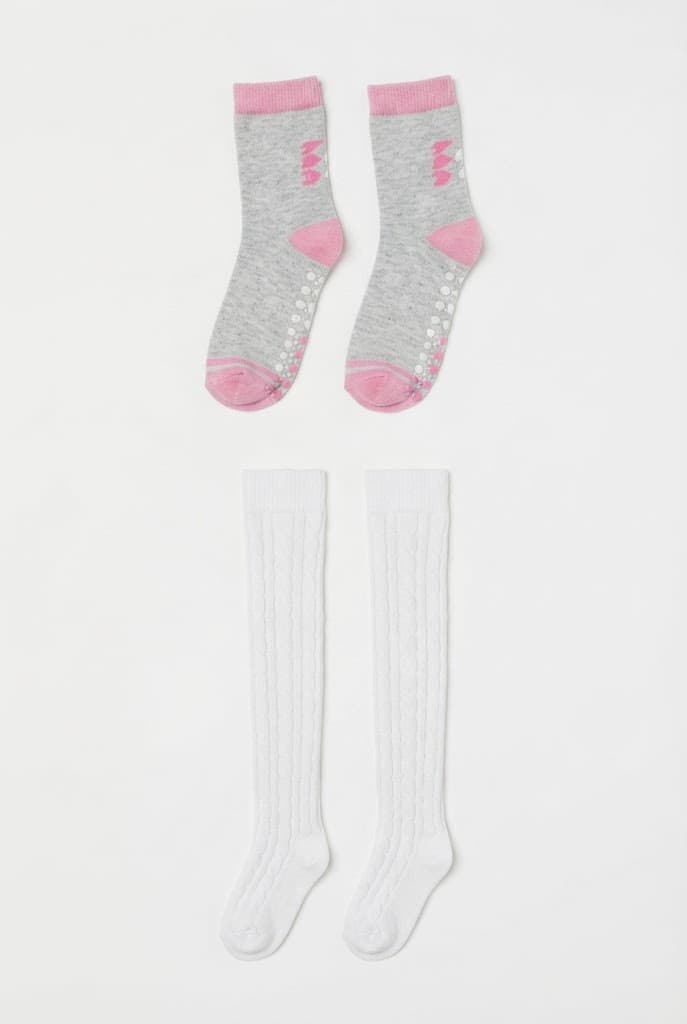 Kids Pink-Trimmed Grey Gripper and Solid White Knee-High Socks (2-Pack)